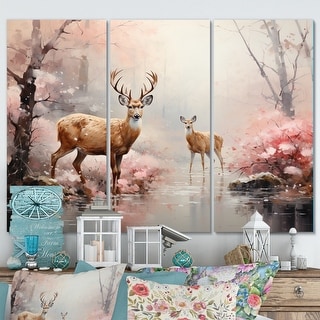 Designart "Pink Deer Gentle Wilderness I" Animals Wall Decor Set - Bed ...